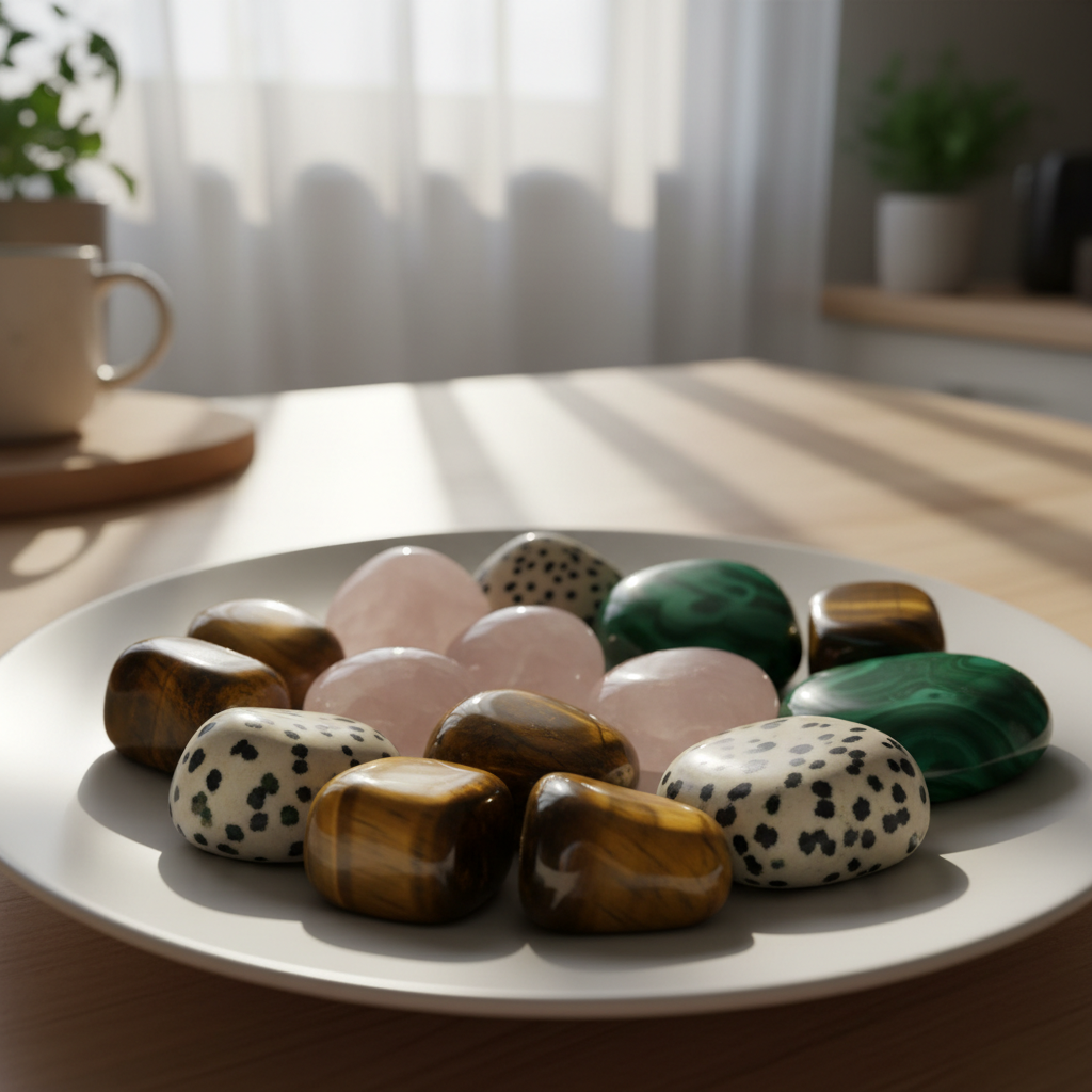 An assortment of freshly tumbled stones scattered across a simple white ceramic plate on a kitchen table, each one gleaming with a glassy sheen. Tiger’s eye with its chatoyant bands, speckled dalmatian jasper, translucent rose quartz, and swirling green malachite create a vibrant, mismatched rainbow. The plate sits near a window where mild morning light filters through sheer curtains, producing soft, natural illumination and delicate shadows. In the blurred background, there are hints of everyday kitchen items, reinforcing the personal, at-home collection feel. Photographic realism from a slightly elevated angle, with the focus sharp on the front row of stones and a gentle bokeh behind, giving a cheerful, playful, and intimate mood for a blog post about favorite tumbled pieces.