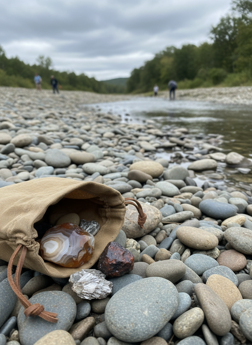 A wide, photographic scene of a rocky riverbank during a casual rockhounding field trip, with smooth rounded stones in grays, browns, and muted blues stretching toward a gently flowing stream. In the foreground, a small canvas pouch lies open, spilling out a few standout finds: a banded agate nodule, a rough garnet crystal, and a piece of glittering mica. Overcast daylight creates soft, diffused lighting with almost no harsh shadows, allowing the textures of wet and dry rocks to be clearly visible. Shot from a low angle near the ground, using rule-of-thirds composition, the focus is tack-sharp on the pouch and its contents while the river and distant trees fall into a soft blur, conveying a peaceful, exploratory, and playful outdoor adventure vibe.