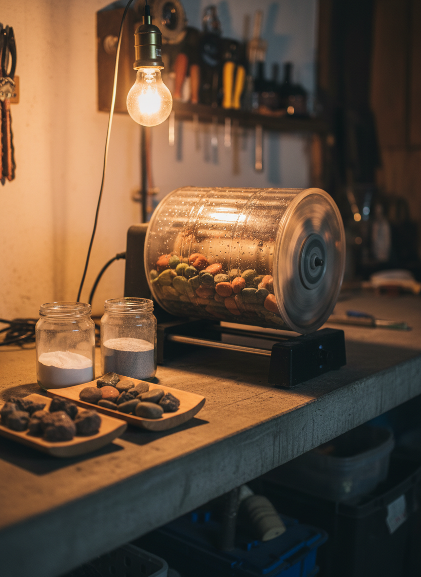 A close-up, photographic view of a rock tumbler mid-cycle in a cozy garage workspace, its transparent barrel half-filled with wet, half-polished stones in earthy reds, mossy greens, and smoky grays. Water droplets cling to the inner surface, catching the light. Around the tumbler sit small open containers with rough, unpolished stones waiting their turn and fine polishing grit in unmarked jars. Overhead, a single warm workshop light creates soft highlights on the damp rocks and gentle shadows on the concrete workbench. Captured at an eye-level angle with shallow depth of field, the mood is hands-on, experimental, and playful, emphasizing the transformation process of personal mineral collections.