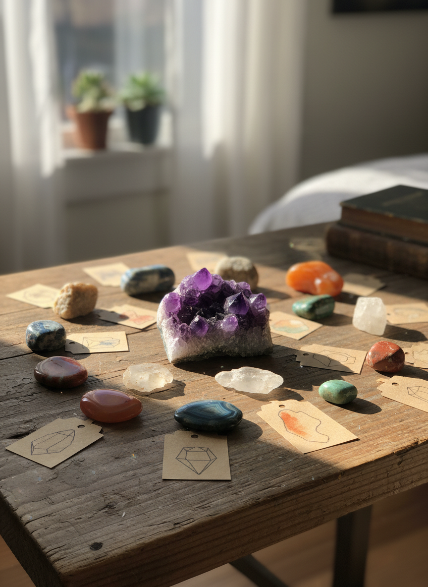 A small, well-loved personal rock collection spread across a weathered wooden desk, each mineral labeled only by its natural shape and color. Polished agates, rough quartz points, and tumbled jasper stones form a loose spiral, with one striking amethyst cluster at the center. The scene is set near a sunny bedroom window, where soft afternoon light spills in, catching tiny crystal faces and casting playful reflections on the wood. Photographic realism from a slightly elevated angle, shallow depth of field keeping the central amethyst in crisp focus while the outer stones blur gently, creating a cozy, playful, and inviting mood for a rock and mineral blog homepage hero image.